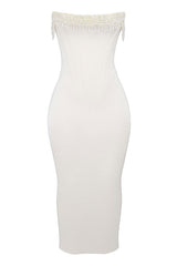 Luxurious Beaded Fringe Lace Up Corset Strapless Satin Cocktail Midi Dress