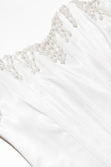 Luxurious Beaded Fringe Lace Up Corset Strapless Satin Cocktail Midi Dress