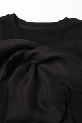 Luxurious Crinkled Big Knot Round Neck Long Sleeve Slim Fit Cut Out T Shirt