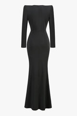 Luxurious Crystal Plunge Strong Shoulder Long Sleeve Evening Maxi Dress
