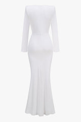 Luxurious Crystal Plunge Strong Shoulder Long Sleeve Evening Maxi Dress