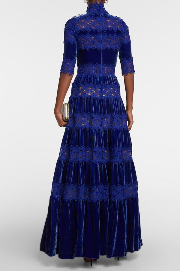Luxurious High Neck Half Sleeve Ruched Lace Velvet Evening Maxi Dress - Royal Blue