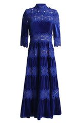 Luxurious High Neck Half Sleeve Ruched Lace Velvet Evening Maxi Dress - Royal Blue