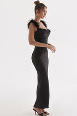 Luxury Cowl Neck Furry Sleeveless Fishtail Satin Evening Maxi Dress - Black