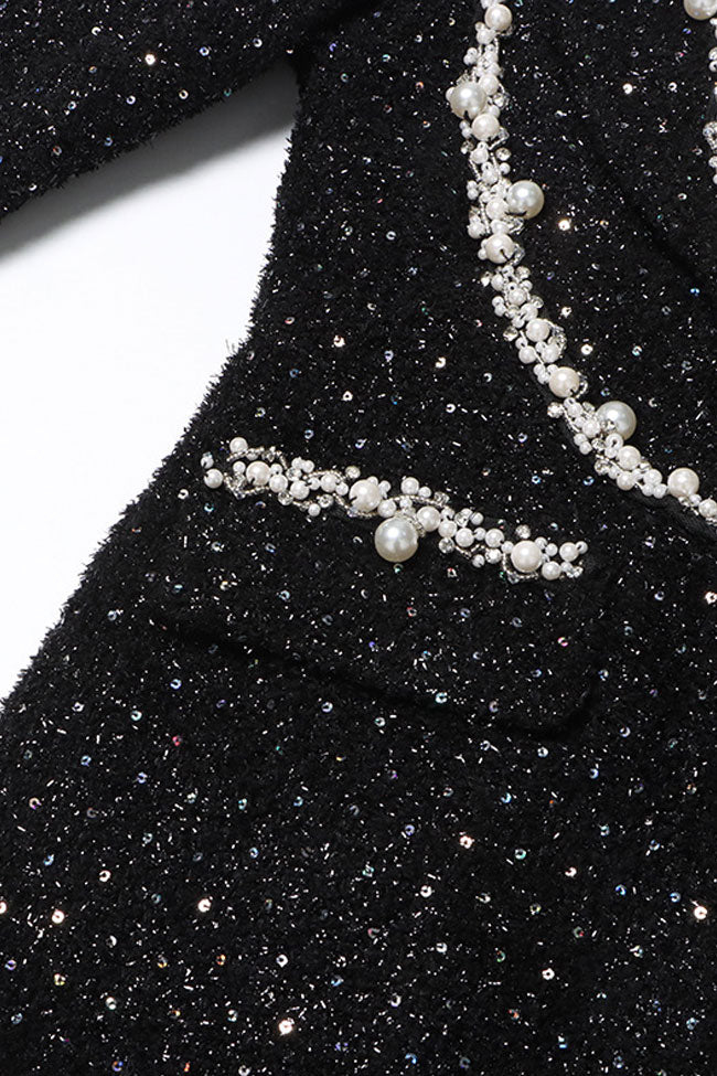 Luxury Crystal Choker Satin Tweed Pearl & Sequin Bodycon Party Mini Dress