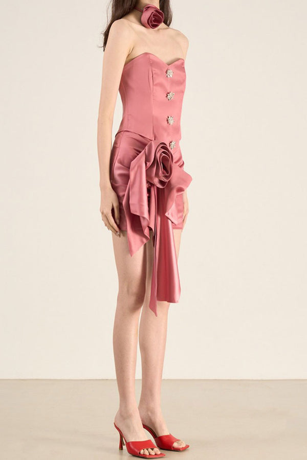 Luxury Crystal Satin Tube Top Rosette Bodycon Mini Two Piece Dress - Pink