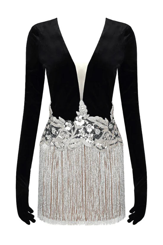 Luxury Deep V Gloved Long Sleeve Flower Sequin Fringe Party Mini Dress - Black