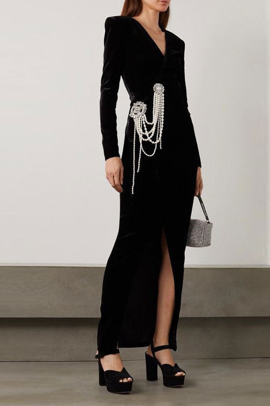 Luxury Deep V Long Sleeve Pearl Embellished Split Velvet Evening Maxi Dress - Black