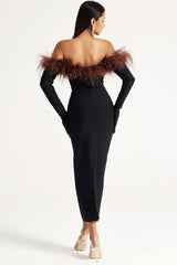 Luxury Feather Trim Off Shoulder Split Sleeve Bandage Cocktail Midi Dress - Black
