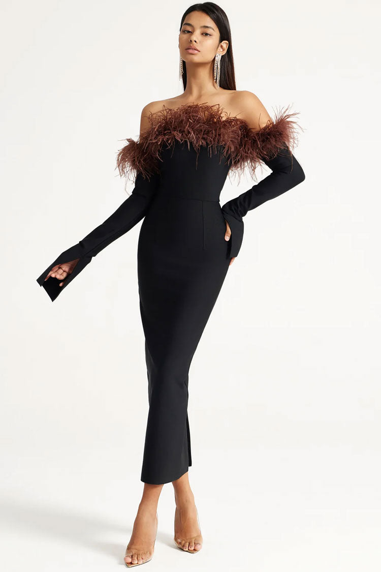 Luxury Feather Trim Off Shoulder Split Sleeve Bandage Cocktail Midi Dress - Black