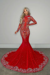 Luxury High Neck Long Sleeve Sheer Mesh Rhinestone Evening Maxi Dress - Red