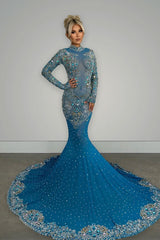 Luxury High Neck Long Sleeve Sheer Mesh Rhinestone Evening Maxi Dress - Blue