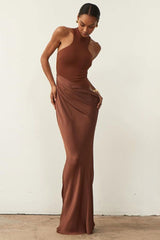 Luxury High Neck Sleeveless Cutout Draped Fishtail Evening Maxi Dress