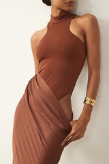 Luxury High Neck Sleeveless Cutout Draped Fishtail Evening Maxi Dress