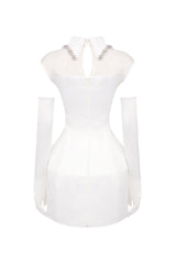 Luxury Jeweled Collar Illusion Neck Glove Satin Pannier Party Mini Dress