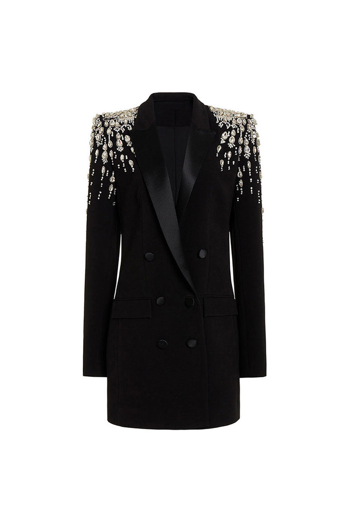 Luxury Lapel Long Sleeve Cinch Waist Double Breasted Crystal