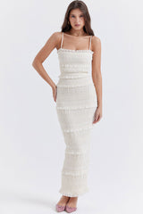 Luxury Layered Ruffle Spaghetti Strap Smocked Pleated Evening Maxi Dress - Ivory