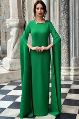 Luxury Notched Crew Neck Cape Sleeve A Line Evening Gown Maxi Dress - Green