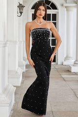 Luxury Pearl Beaded Embellished Strapless Bodycon Slit Evening Maxi Dress