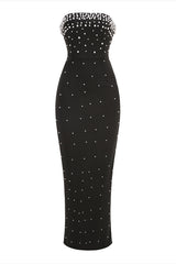 Luxury Pearl Beaded Embellished Strapless Bodycon Slit Evening Maxi Dress