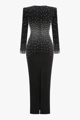 Luxury Pearl Beaded Rhinestone V Neck Long Sleeve Evening Maxi Dress