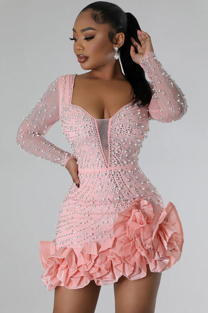 Luxury Plunge Beaded Crystal Mesh Panel Ruffle Bodycon Party Mini Dres Rosedress