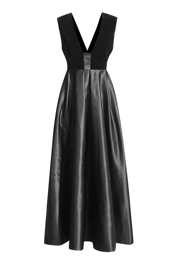 Luxury Plunge Neck Velvet Satin Sleeveless Ball Gown Evening Maxi Dress
