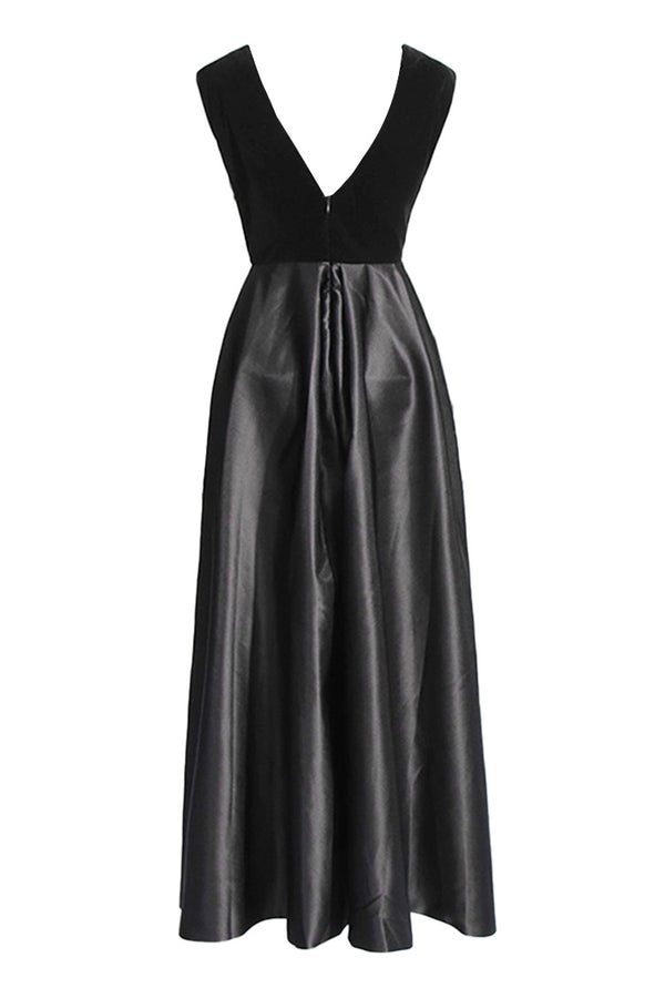 Luxury Plunge Neck Velvet Satin Sleeveless Ball Gown Evening Maxi Dress