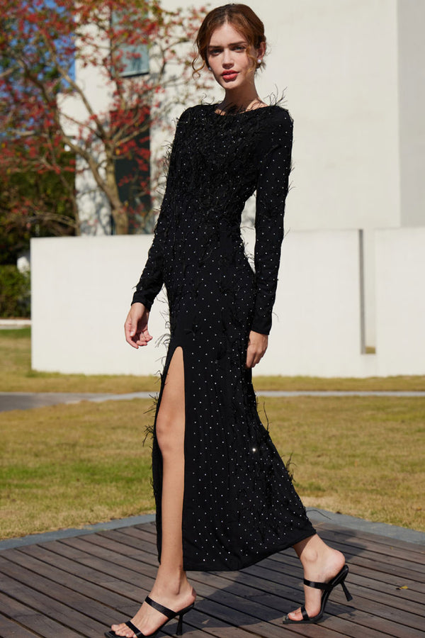 Luxury Rhinestone Faux Feather Trim Split Mesh Evening Maxi Dress - Black