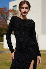 Luxury Rhinestone Faux Feather Trim Split Mesh Evening Maxi Dress - Black