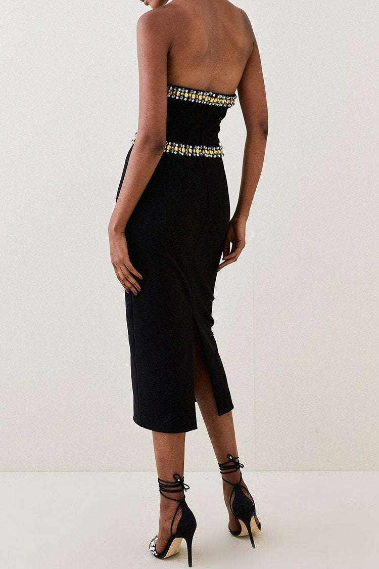 Luxury Rhinestone Halter Neck Bodycon Bandage Cocktail Party Midi Dress - Black