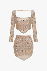 Luxury Rhinestone Mesh Crop Top Bodycon Skirt Two Piece Mini Dress