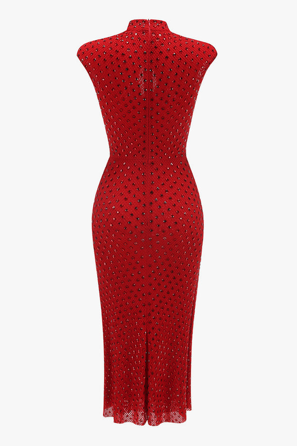 Luxury Rhinestone Rosette Mock Neck Fishnet Cocktail Party Midi Dress