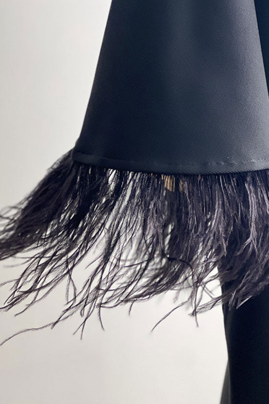 Luxury Scoop Neck Feather Cuff Long Sleeve Bandage Cocktail Midi Dress - Black