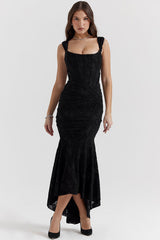 Luxury Textured Floral Ruched Corset Sleeveless Fishtail Evening Dress - Black