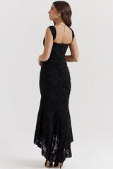 Luxury Textured Floral Ruched Corset Sleeveless Fishtail Evening Dress - Black