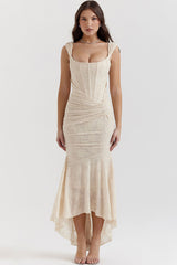 Luxury Textured Floral Ruched Corset Sleeveless Fishtail Evening Dress - Cream
