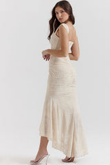 Luxury Textured Floral Ruched Corset Sleeveless Fishtail Evening Dress - Cream