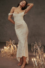 Luxury Textured Floral Ruched Corset Sleeveless Fishtail Evening Dress - Cream