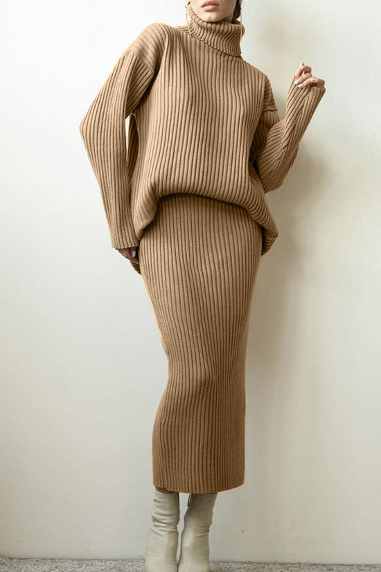 Luxury Winter Rib Knit Turtleneck Oversized Sweater Midi Two Piece Dress - Khaki