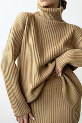 Luxury Winter Rib Knit Turtleneck Oversized Sweater Midi Two Piece Dress - Khaki