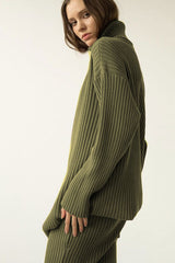 Luxury Winter Rib Knit Turtleneck Oversized Sweater Midi Two Piece Dress - Green