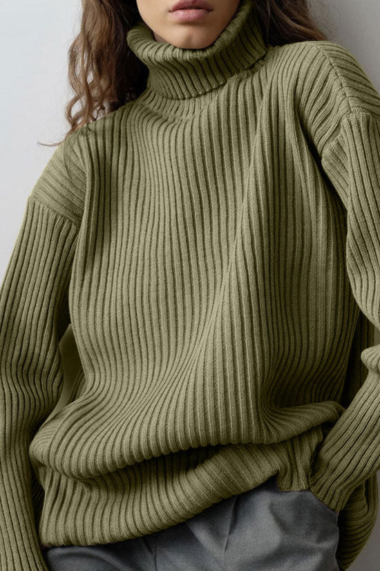Luxury Winter Rib Knit Turtleneck Oversized Sweater Midi Two Piece Dress - Green