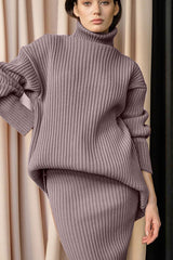 Luxury Winter Rib Knit Turtleneck Oversized Sweater Midi Two Piece Dress - Purple