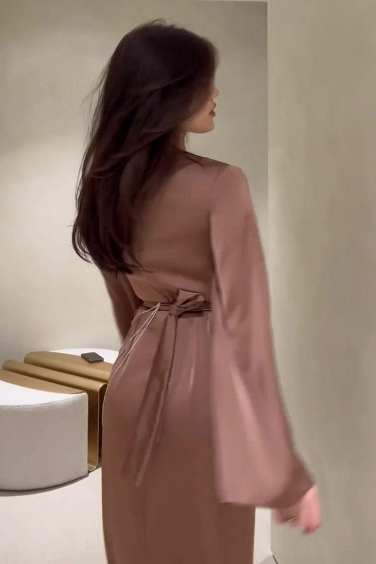 Luxury Wrap V Neck Rhinestone Chain Belted Silky Satin Maxi Dress - Brown
