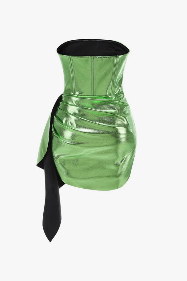Metallic Faux Leather Ruched Draped Strapless Micro Mini Party Dress