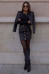 Military Eyelash Detailed Crop Vegan Leather Jacket Two Piece Mini Dress - Black