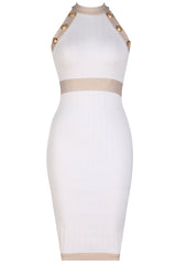 Military Metal Button Contrast Sleeveless Bodycon Sweater Midi Dress - White