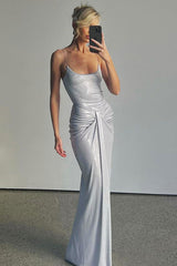 Minimalist Metallic Spaghetti Strap Gathered Draped Evening Maxi Dress