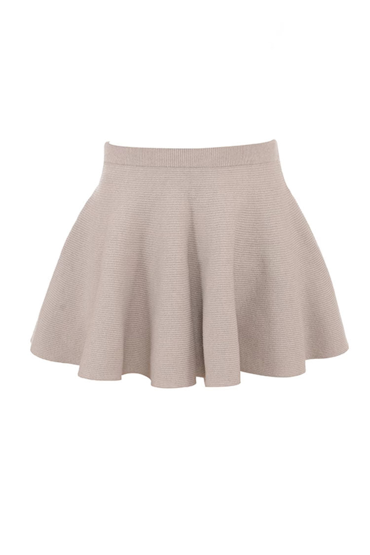 Minimalist Monochromatic High Waist Flounce A Line Ribbed Knit Mini Skirt